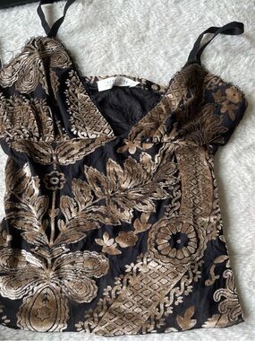 12th Tribe Black Cami with Gold-Tan Burnout Floral Trim